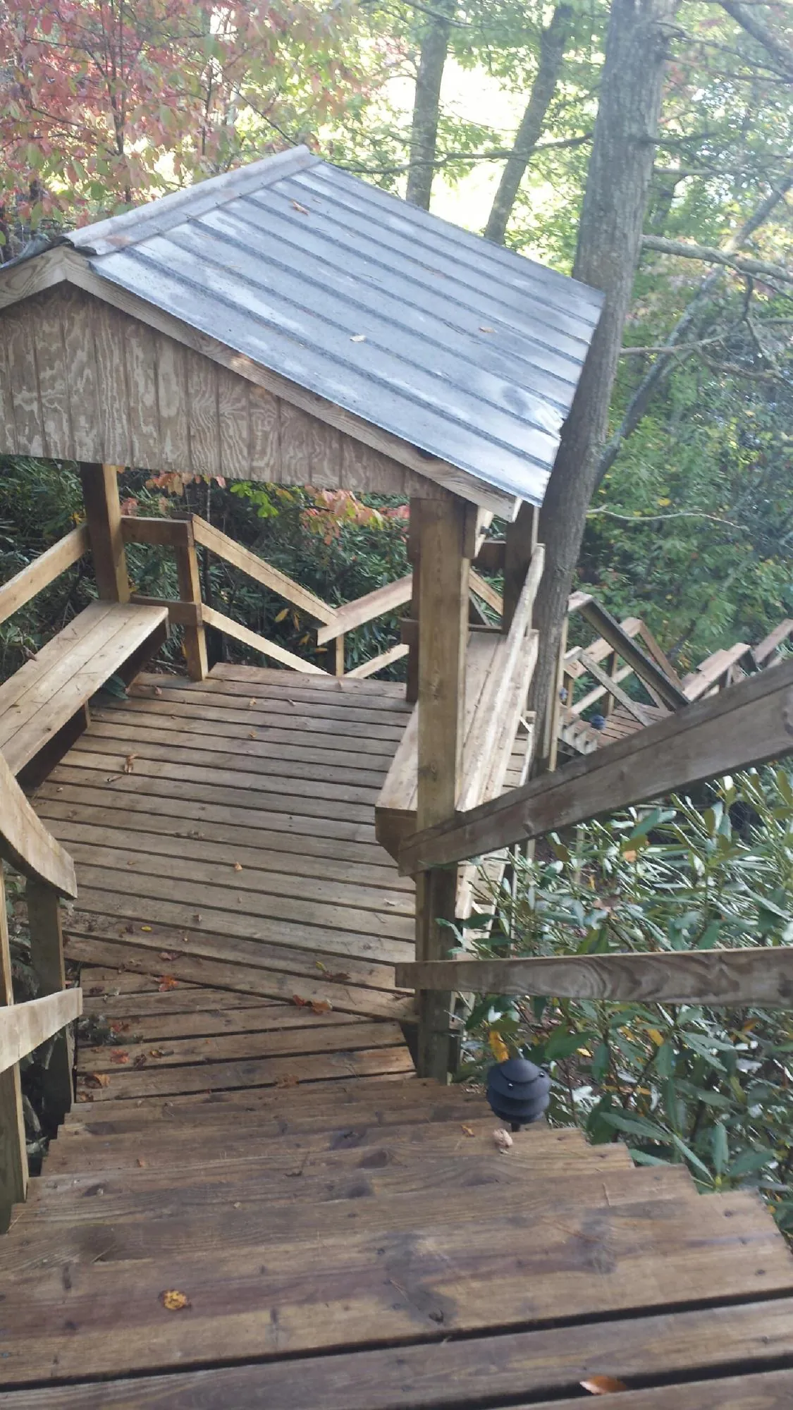Metal roofed shelter over wooden steps on a wooded walkway — Skylight Repair & Installation work by our crew in Greencreek